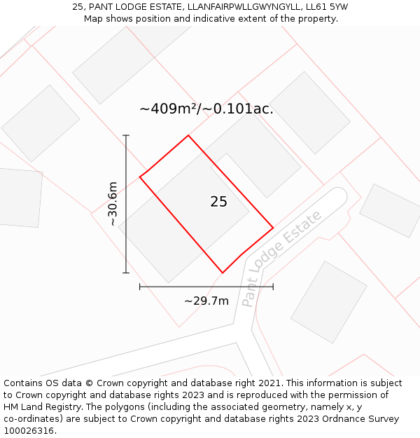 25, PANT LODGE ESTATE, LLANFAIRPWLLGWYNGYLL, LL61 5YW: Plot and title map