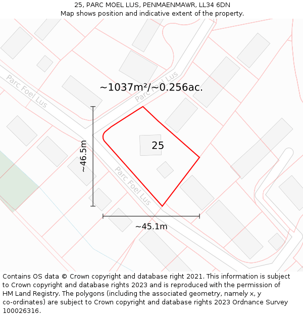 25, PARC MOEL LUS, PENMAENMAWR, LL34 6DN: Plot and title map