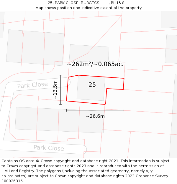 25, PARK CLOSE, BURGESS HILL, RH15 8HL: Plot and title map