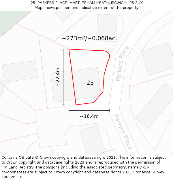 25, PARKERS PLACE, MARTLESHAM HEATH, IPSWICH, IP5 3UX: Plot and title map