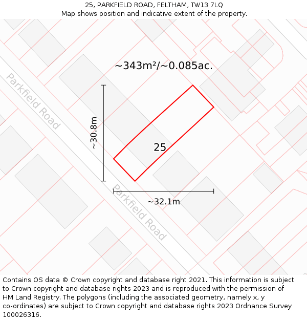 25, PARKFIELD ROAD, FELTHAM, TW13 7LQ: Plot and title map