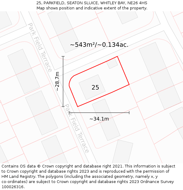 25, PARKFIELD, SEATON SLUICE, WHITLEY BAY, NE26 4HS: Plot and title map