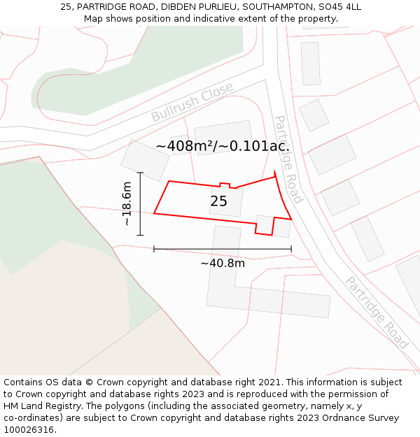 25, PARTRIDGE ROAD, DIBDEN PURLIEU, SOUTHAMPTON, SO45 4LL: Plot and title map