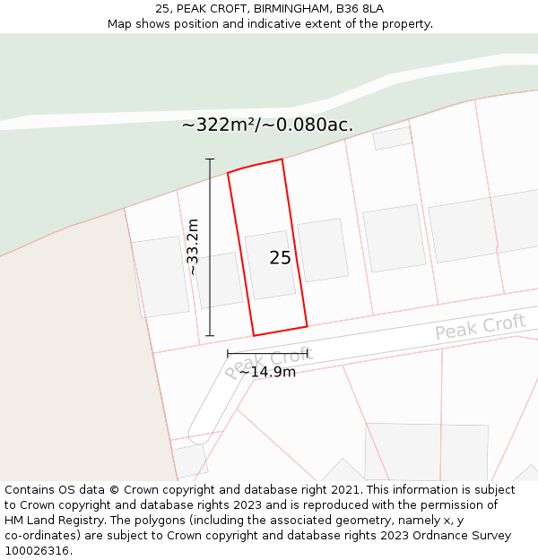 25, PEAK CROFT, BIRMINGHAM, B36 8LA: Plot and title map