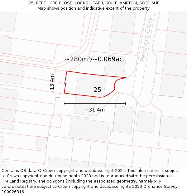 25, PERSHORE CLOSE, LOCKS HEATH, SOUTHAMPTON, SO31 6UF: Plot and title map