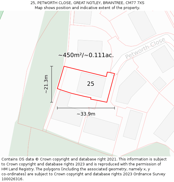 25, PETWORTH CLOSE, GREAT NOTLEY, BRAINTREE, CM77 7XS: Plot and title map