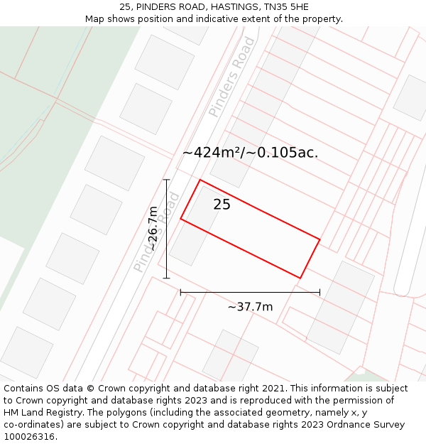 25, PINDERS ROAD, HASTINGS, TN35 5HE: Plot and title map