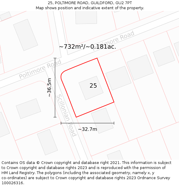 25, POLTIMORE ROAD, GUILDFORD, GU2 7PT: Plot and title map