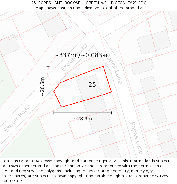 25, POPES LANE, ROCKWELL GREEN, WELLINGTON, TA21 9DQ: Plot and title map