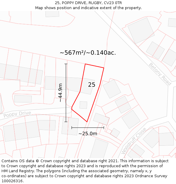 25, POPPY DRIVE, RUGBY, CV23 0TR: Plot and title map