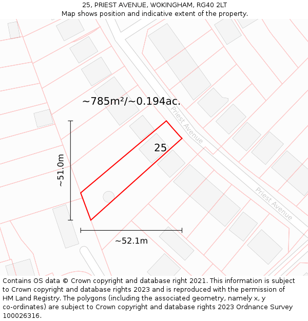 25, PRIEST AVENUE, WOKINGHAM, RG40 2LT: Plot and title map