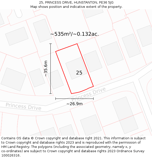 25, PRINCESS DRIVE, HUNSTANTON, PE36 5JG: Plot and title map