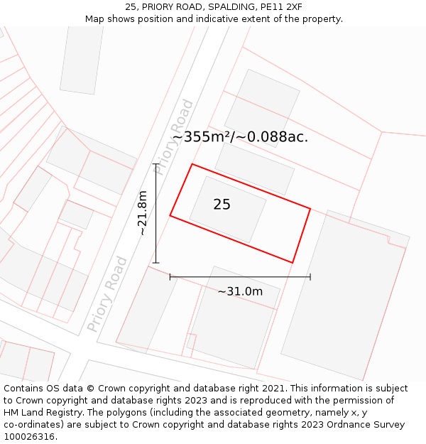 25, PRIORY ROAD, SPALDING, PE11 2XF: Plot and title map