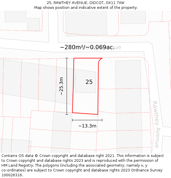 25, RAWTHEY AVENUE, DIDCOT, OX11 7XW: Plot and title map
