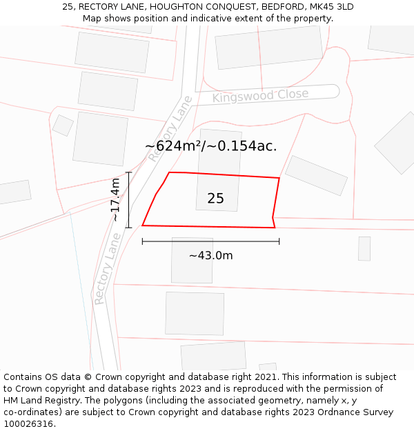 25, RECTORY LANE, HOUGHTON CONQUEST, BEDFORD, MK45 3LD: Plot and title map