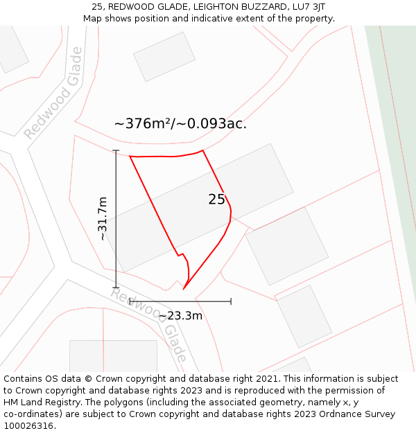 25, REDWOOD GLADE, LEIGHTON BUZZARD, LU7 3JT: Plot and title map