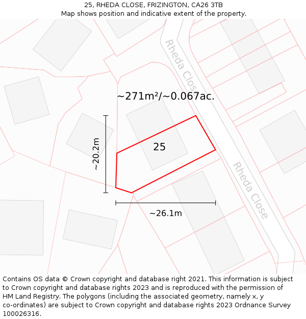 25, RHEDA CLOSE, FRIZINGTON, CA26 3TB: Plot and title map