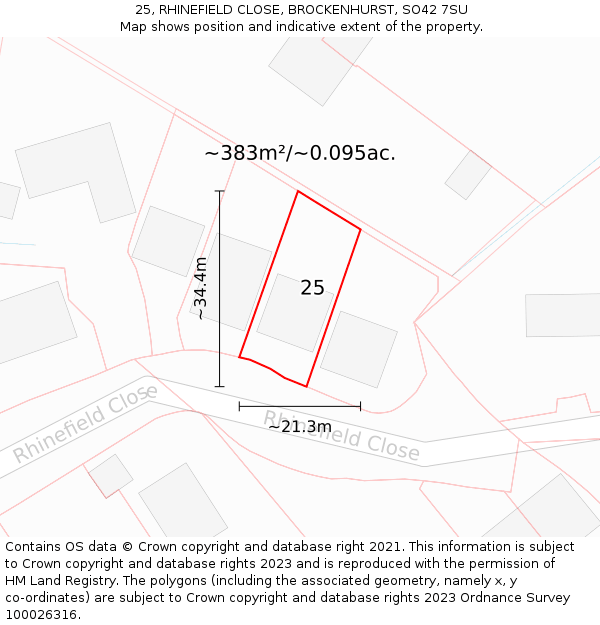 25, RHINEFIELD CLOSE, BROCKENHURST, SO42 7SU: Plot and title map