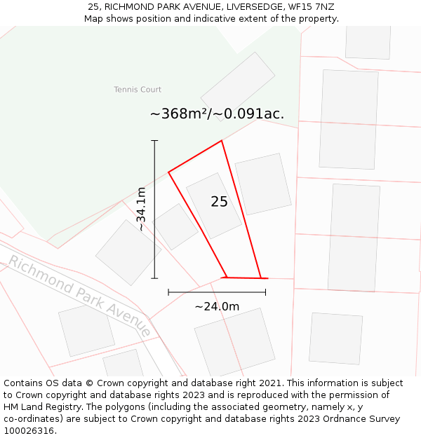 25, RICHMOND PARK AVENUE, LIVERSEDGE, WF15 7NZ: Plot and title map