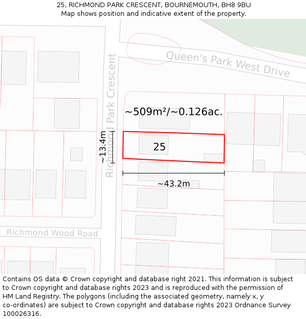 25, RICHMOND PARK CRESCENT, BOURNEMOUTH, BH8 9BU: Plot and title map