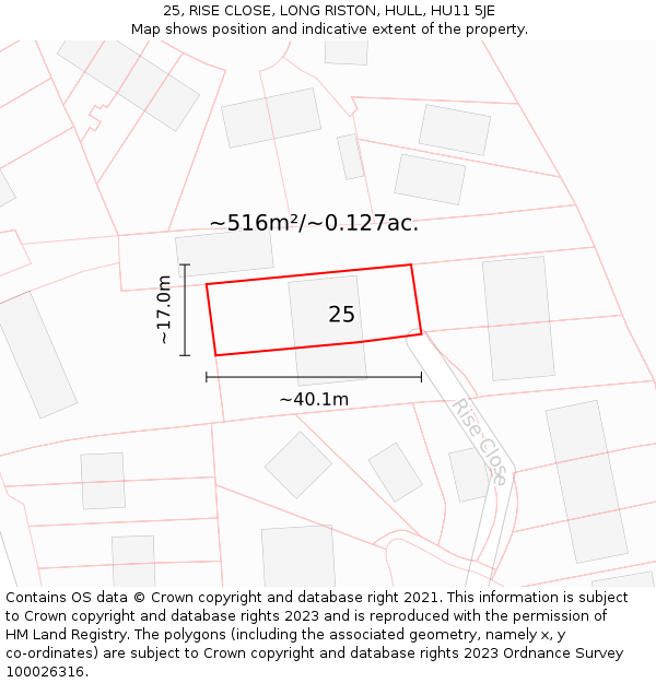 25, RISE CLOSE, LONG RISTON, HULL, HU11 5JE: Plot and title map