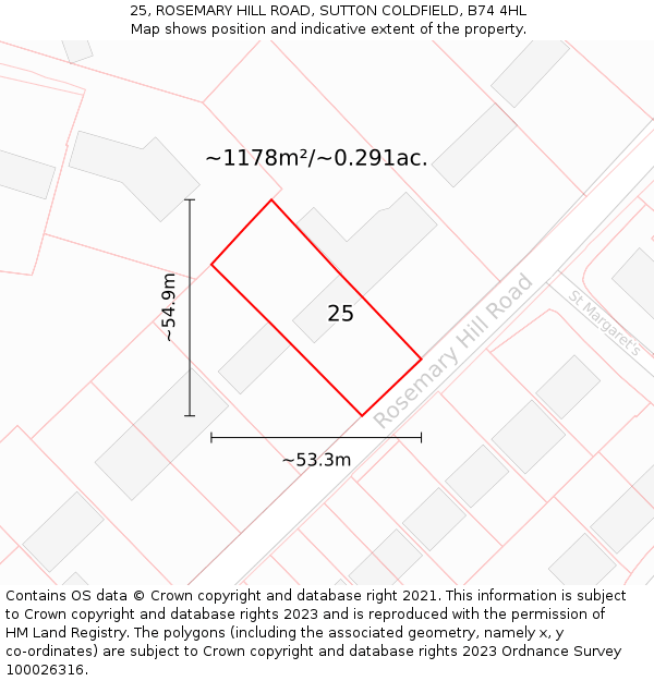 25, ROSEMARY HILL ROAD, SUTTON COLDFIELD, B74 4HL: Plot and title map