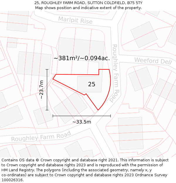 25, ROUGHLEY FARM ROAD, SUTTON COLDFIELD, B75 5TY: Plot and title map