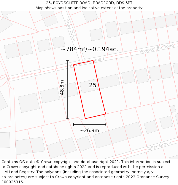 25, ROYDSCLIFFE ROAD, BRADFORD, BD9 5PT: Plot and title map