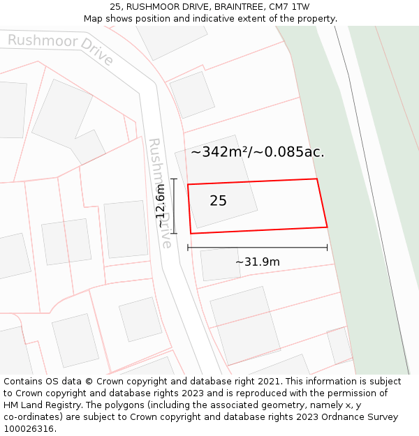 25, RUSHMOOR DRIVE, BRAINTREE, CM7 1TW: Plot and title map