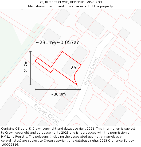 25, RUSSET CLOSE, BEDFORD, MK41 7GB: Plot and title map