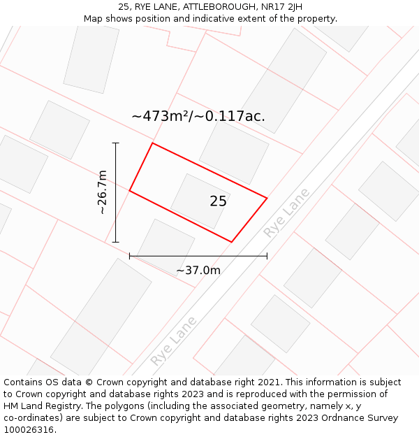 25, RYE LANE, ATTLEBOROUGH, NR17 2JH: Plot and title map