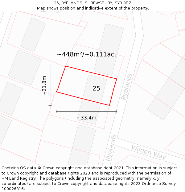 25, RYELANDS, SHREWSBURY, SY3 9BZ: Plot and title map