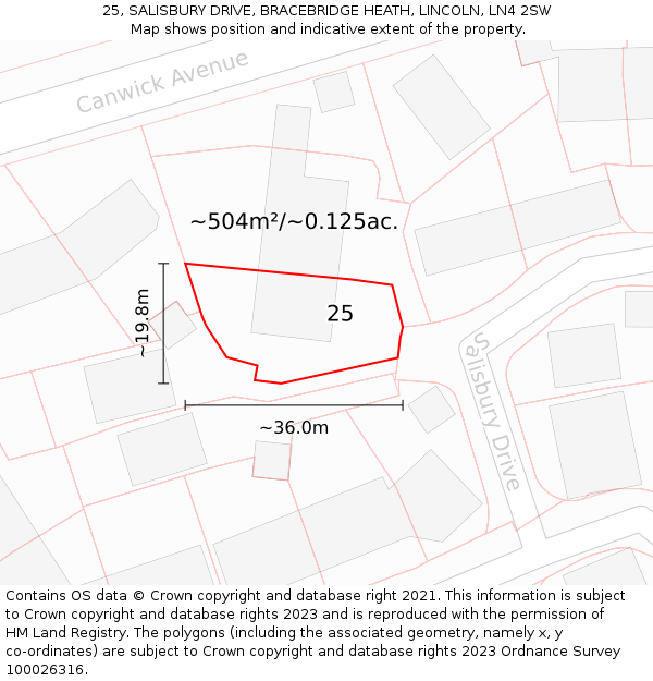 25, SALISBURY DRIVE, BRACEBRIDGE HEATH, LINCOLN, LN4 2SW: Plot and title map