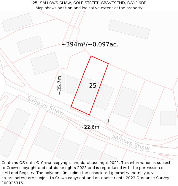 25, SALLOWS SHAW, SOLE STREET, GRAVESEND, DA13 9BP: Plot and title map