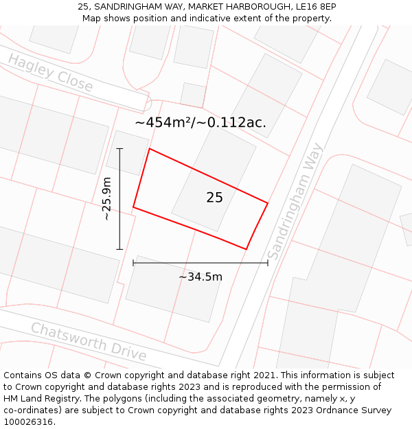 25, SANDRINGHAM WAY, MARKET HARBOROUGH, LE16 8EP: Plot and title map