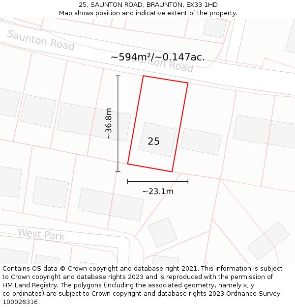 25, SAUNTON ROAD, BRAUNTON, EX33 1HD: Plot and title map