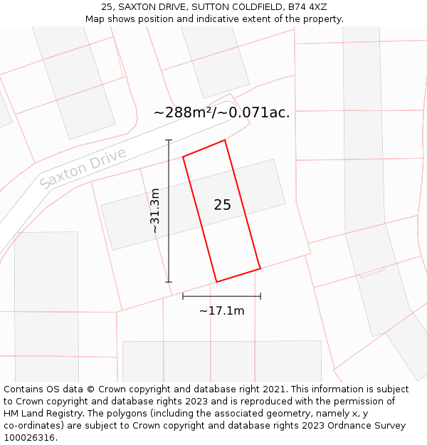 25, SAXTON DRIVE, SUTTON COLDFIELD, B74 4XZ: Plot and title map