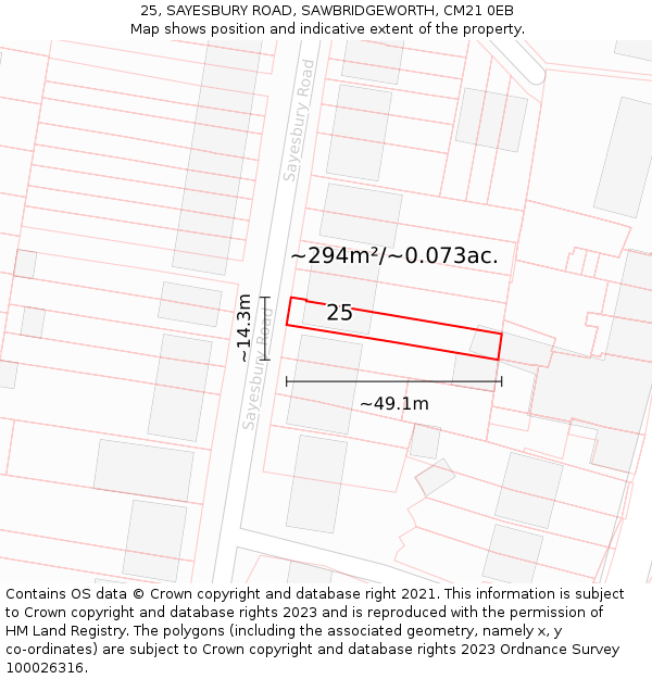 25, SAYESBURY ROAD, SAWBRIDGEWORTH, CM21 0EB: Plot and title map