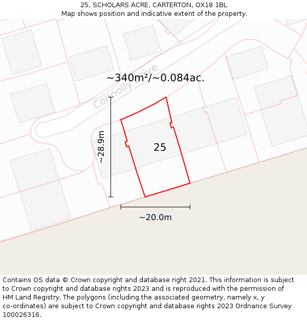 25, SCHOLARS ACRE, CARTERTON, OX18 1BL: Plot and title map