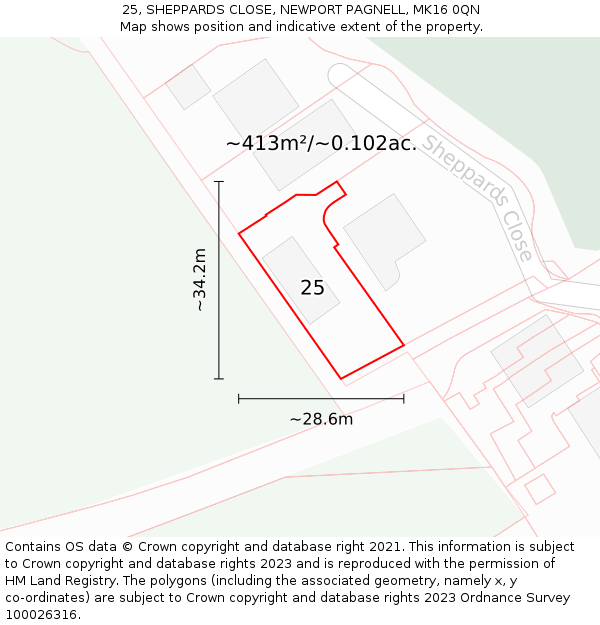 25, SHEPPARDS CLOSE, NEWPORT PAGNELL, MK16 0QN: Plot and title map