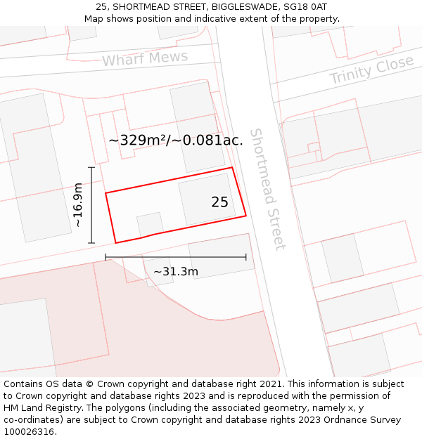 25, SHORTMEAD STREET, BIGGLESWADE, SG18 0AT: Plot and title map