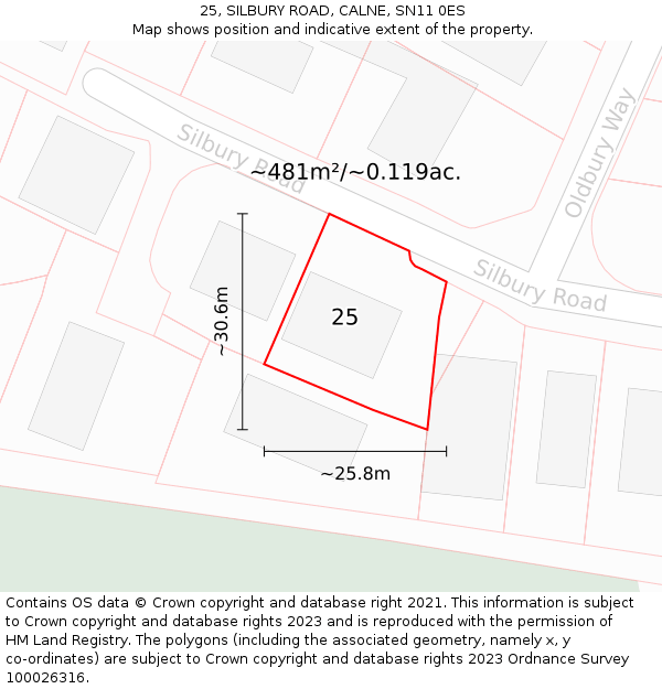 25, SILBURY ROAD, CALNE, SN11 0ES: Plot and title map