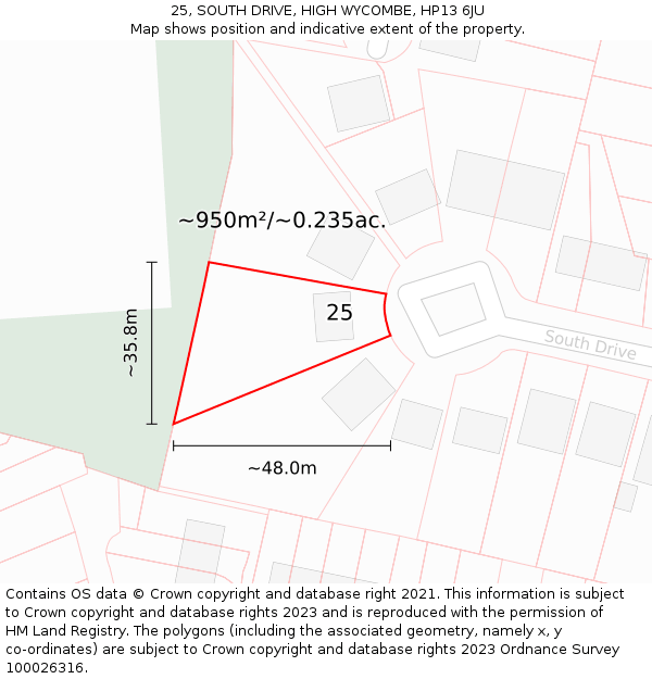 25, SOUTH DRIVE, HIGH WYCOMBE, HP13 6JU: Plot and title map