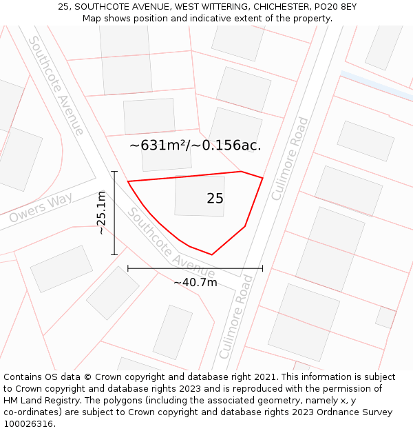 25, SOUTHCOTE AVENUE, WEST WITTERING, CHICHESTER, PO20 8EY: Plot and title map