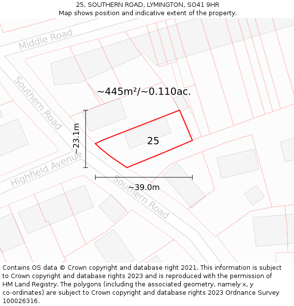 25, SOUTHERN ROAD, LYMINGTON, SO41 9HR: Plot and title map