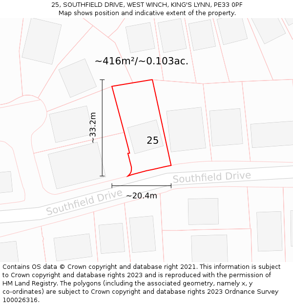 25, SOUTHFIELD DRIVE, WEST WINCH, KING'S LYNN, PE33 0PF: Plot and title map