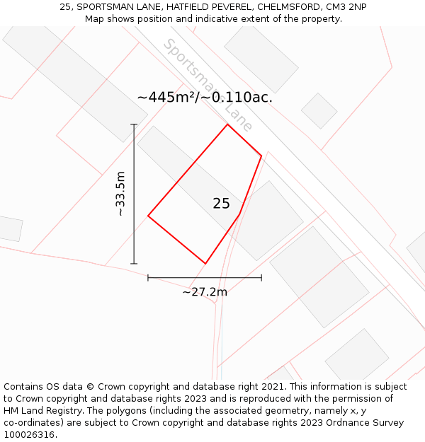 25, SPORTSMAN LANE, HATFIELD PEVEREL, CHELMSFORD, CM3 2NP: Plot and title map