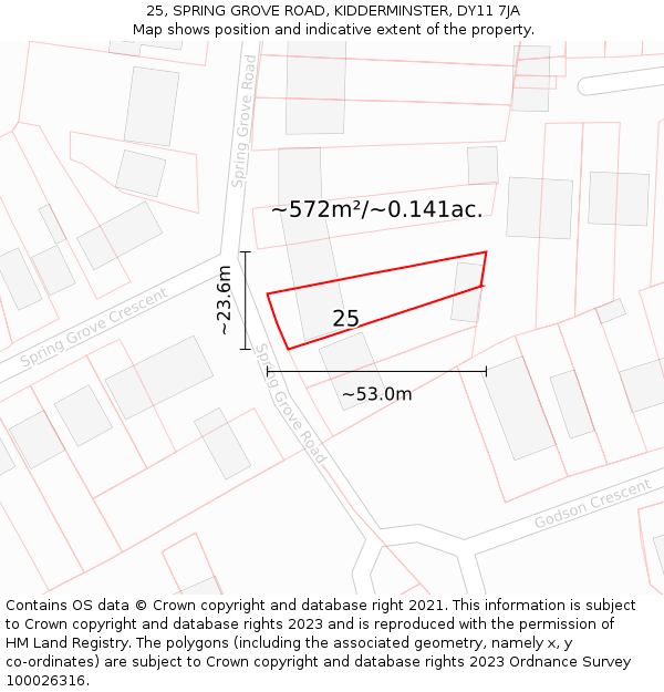 25, SPRING GROVE ROAD, KIDDERMINSTER, DY11 7JA: Plot and title map