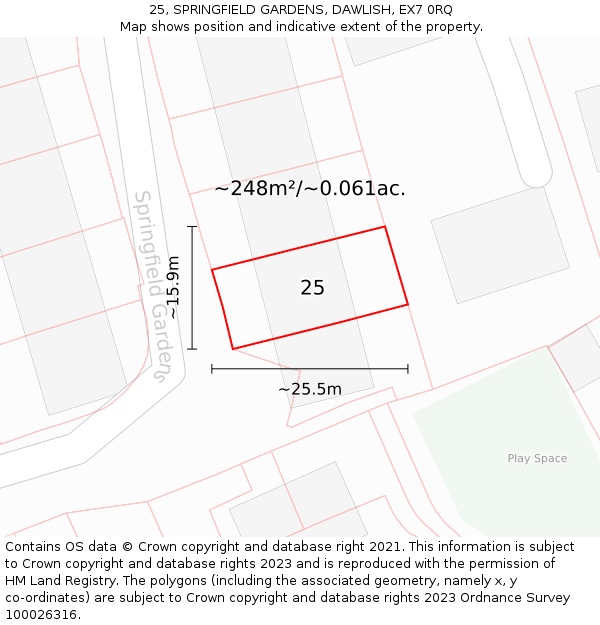 25, SPRINGFIELD GARDENS, DAWLISH, EX7 0RQ: Plot and title map