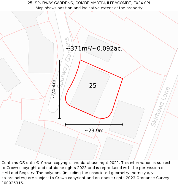 25, SPURWAY GARDENS, COMBE MARTIN, ILFRACOMBE, EX34 0PL: Plot and title map